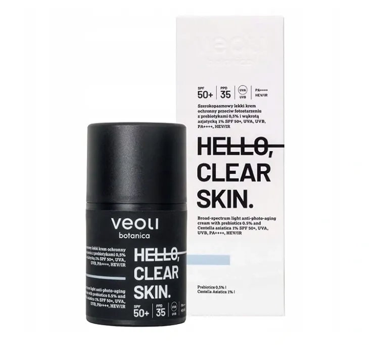 Veoli Botanica Hello, Clear Skin szerokopasmowy lekki krem ochronny SPF50+ z 0,5% prebiotykami i 1% CICA 50 ml