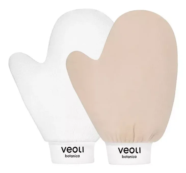 Veoli Botanica rękawica do aplikacji produktów brązujących + rękawica peelingująca do ciała