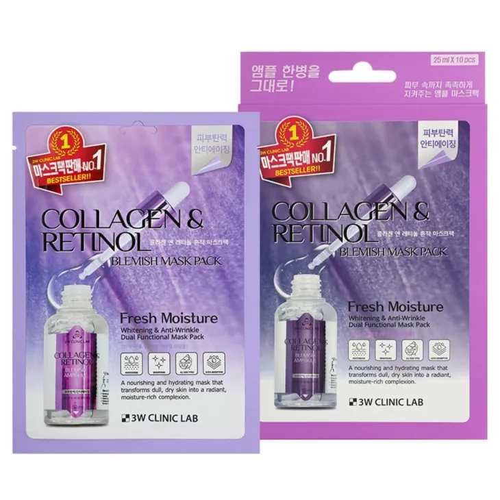 3W Clinic Lab Collagen & Retinol przeciwzmarszczkowa maseczka do twarzy w płachcie z kolagenem i retinolem 10 x 25 ml