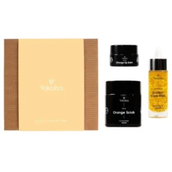Yokaba Gold Treasure zestaw prezentowy do pielęgnacji olejek do twarzy i ciała 30 ml + cukrowy peeling do ciała 100 ml + balsam do ust 15 ml