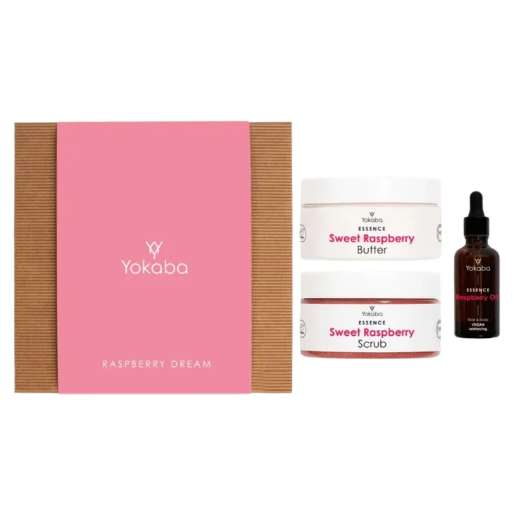 Yokaba Raspberry Dream zestaw prezentowy do pielęgnacji olejek do twarzy i ciała 50 ml + masło do ciała 200 ml + peeling do ciała 250 g